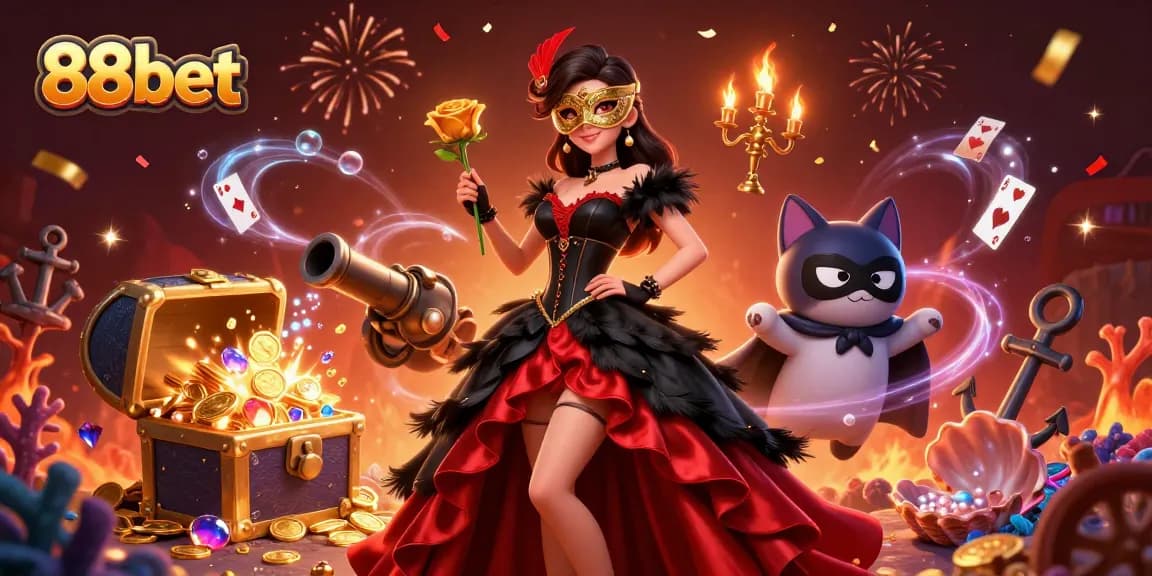 Experience thrilling gameplay at 88bet with a dazzling illustration of a casino adventure featuring vibrant characters and elements.