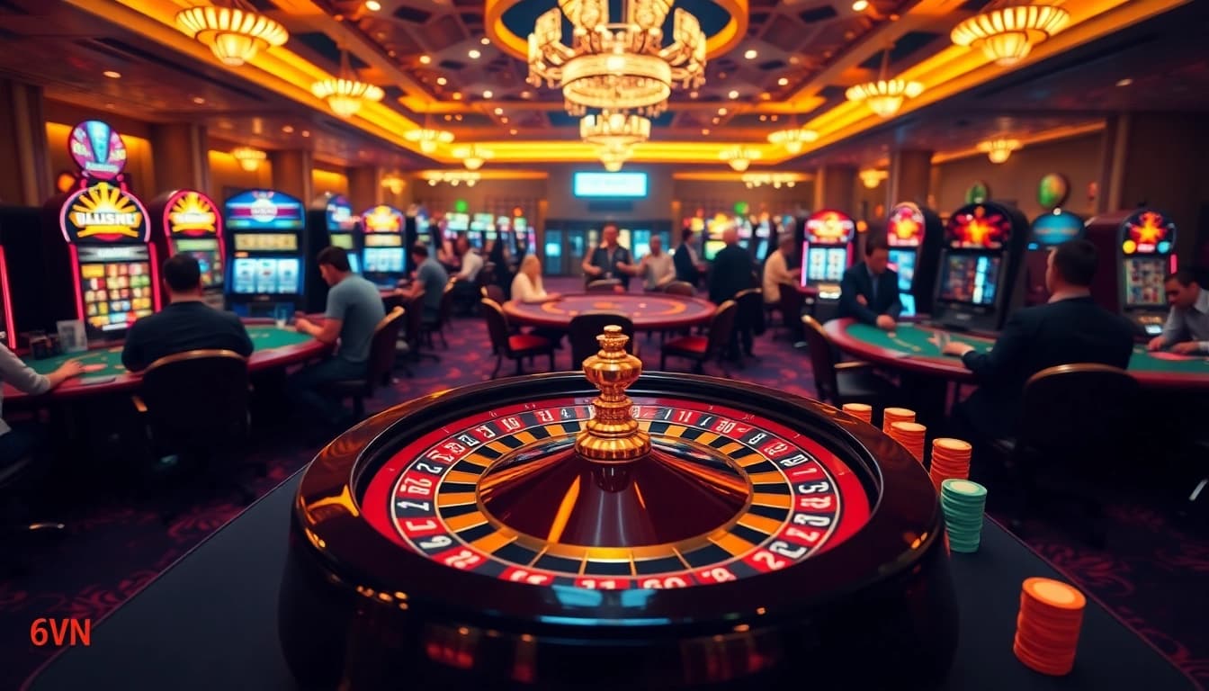 Exciting gambling action at 69VN casino with players at poker tables and a roulette wheel.