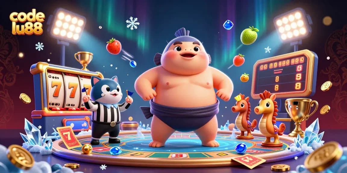 Experience the vibrant scene of code lu88 with a fugu in an underwater ring amid slots and gold coins.
