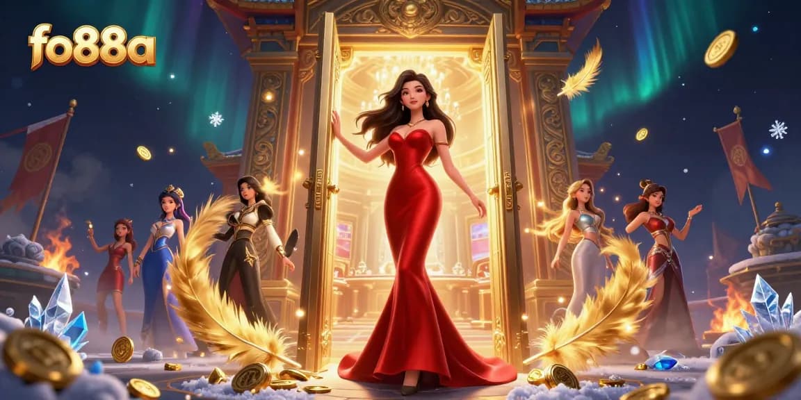 Experience thrilling casino excitement with fo88a, featuring a stunning Asian woman in a dynamic VIP doorway scene.