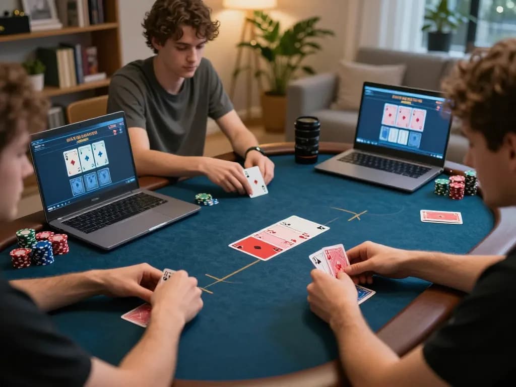 Engaged players at home participating in a poker game on ww88ho.com, showcasing online gambling excitement.