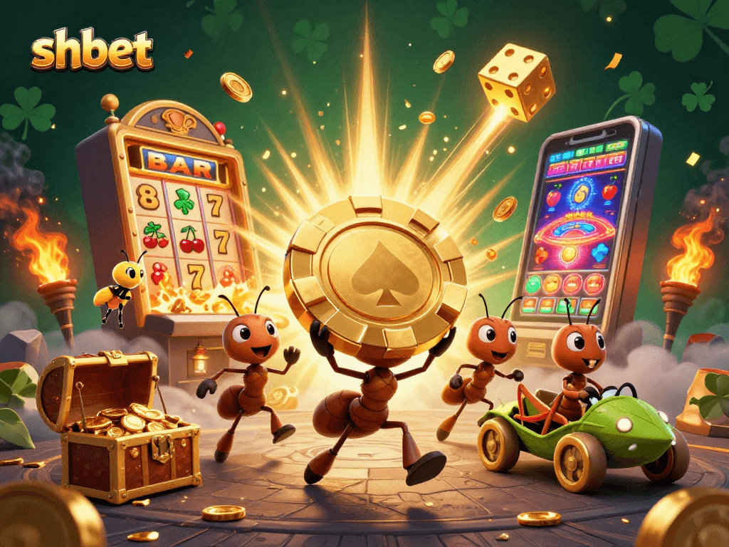 Join the shbet adventure with ants heisting a golden poker chip amidst a vibrant jackpot explosion.