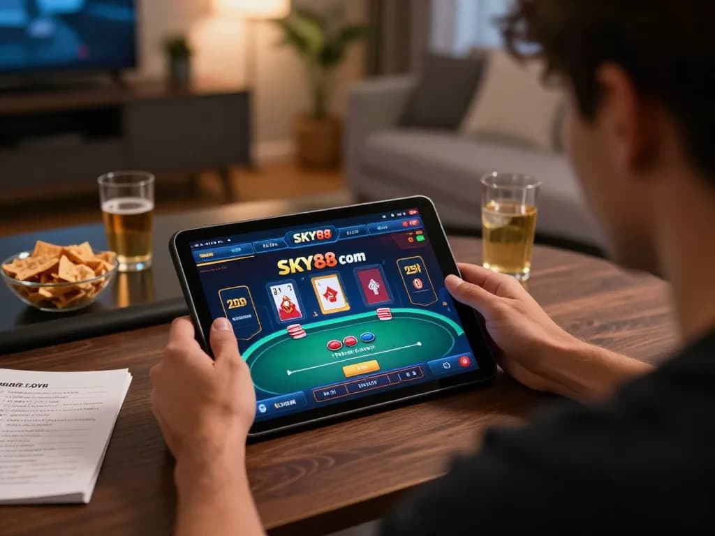 Engaged player strategizing on SKY88 com poker game using tablet at home