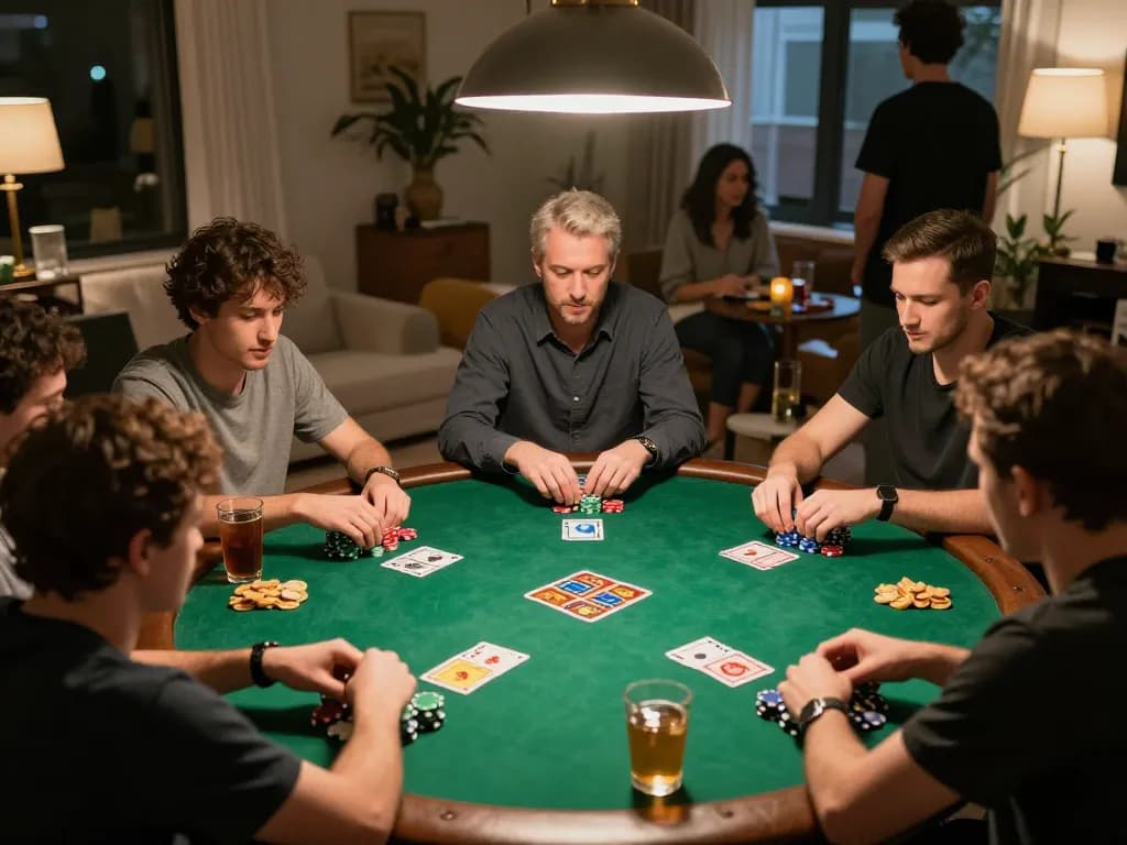 Players at a home poker night focusing on strategy at Nhà cái FC88 table surrounded by drinks and chips