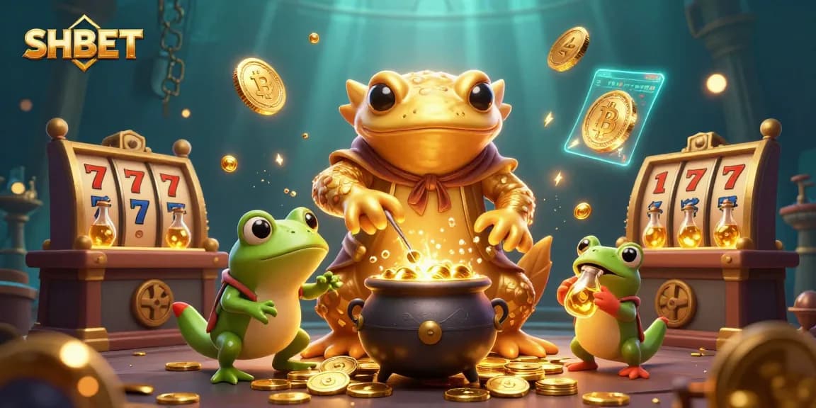 Experience SHBET's exciting gaming environment featuring alchemists, gold coins, and slot elements.