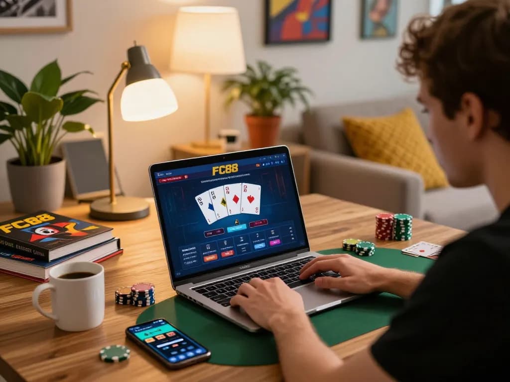 Player engaging in online poker with FC88 interface at home, showcasing responsible gambling