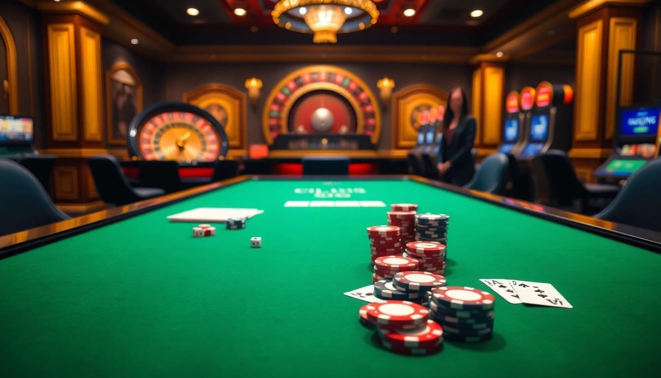 Experience the thrill of Nhà Cái XIN88 at an elegant casino table with poker chips and dice.