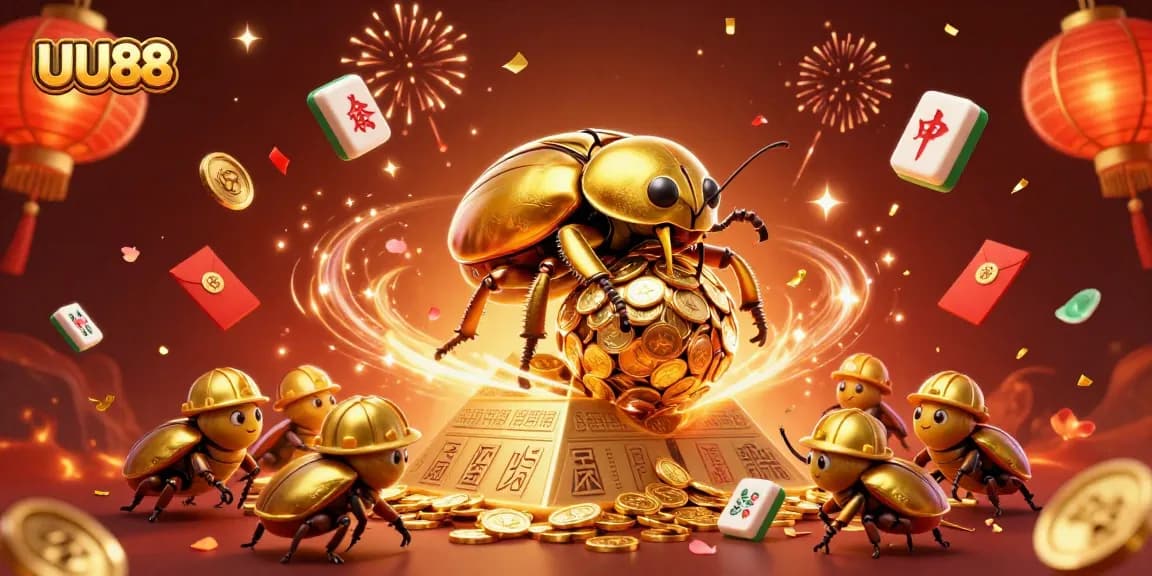 Experience UU88 with a vibrant gold coin scene featuring beetles and casino elements in action