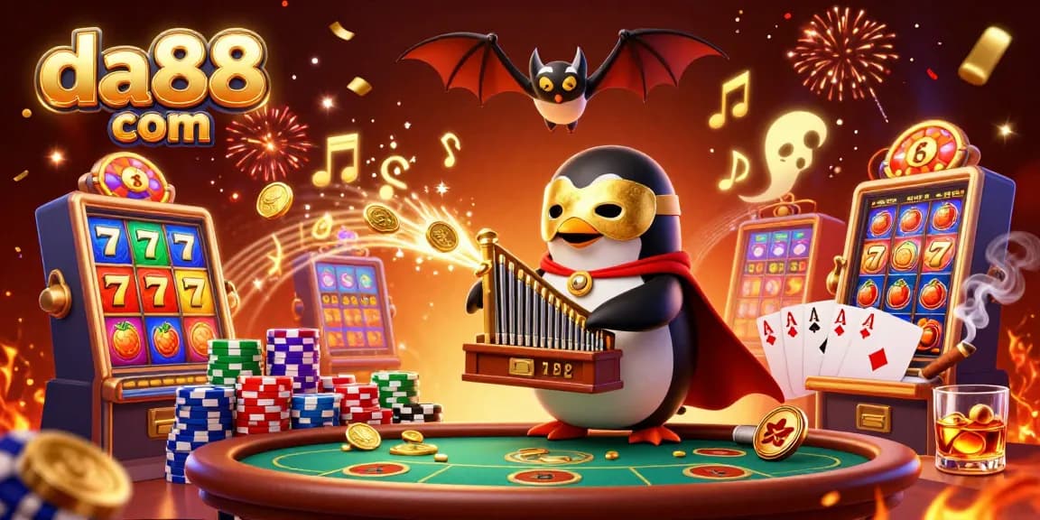 Experience the excitement of da88 com with vibrant slot machines, a phantom penguin, and celebration confetti!