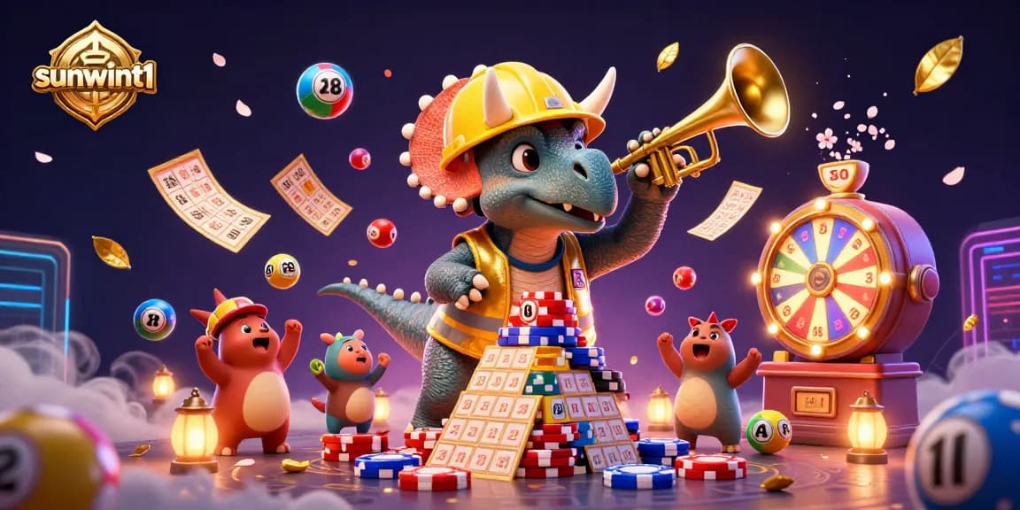 Engage with sunwint1's vibrant casino atmosphere featuring a triceratops building poker chip towers amidst a celebration.