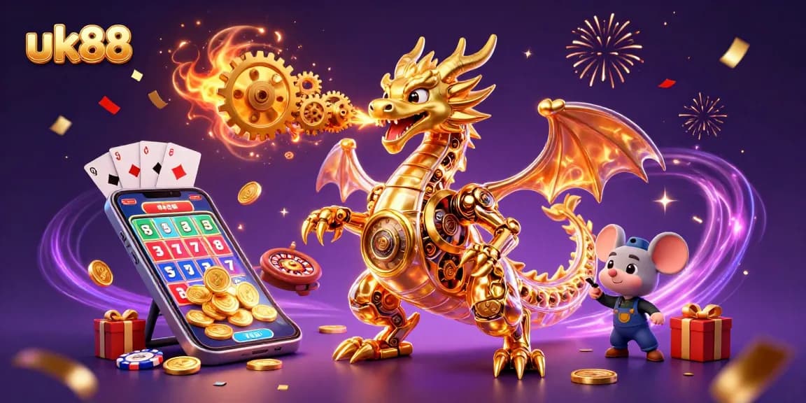 Engage with the thrilling world of uk88, featuring a dynamic dragon and vibrant casino elements.