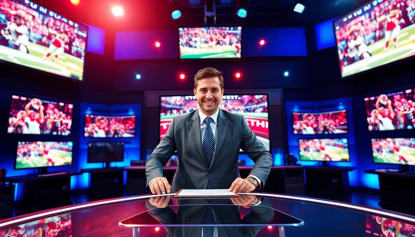 Engaging sports broadcasting studio with a dynamic host, equipped for live coverage.