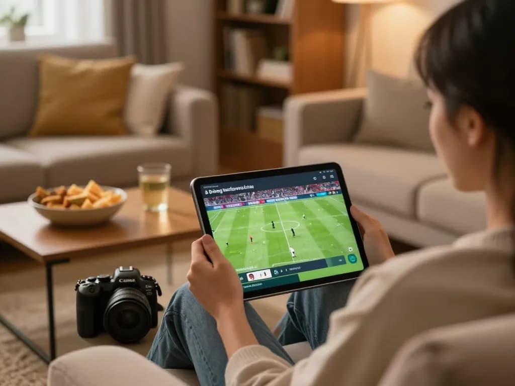 Watch bóng đá trực tuyến seamlessly on a tablet in a cozy home setting, enjoying the game without interruptions.