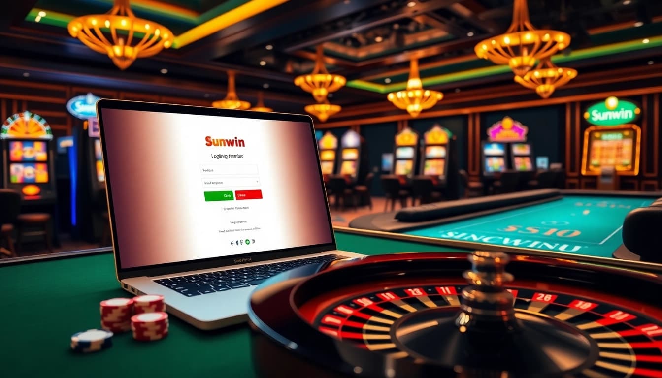 Engage with Đăng nhập sunwin on a glamorous casino backdrop, highlighting online gambling excitement.