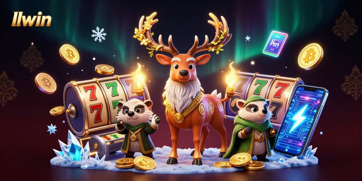 Play and win big with llwin, a dynamic illustration highlighting thrilling slots and Bitcoin elements.