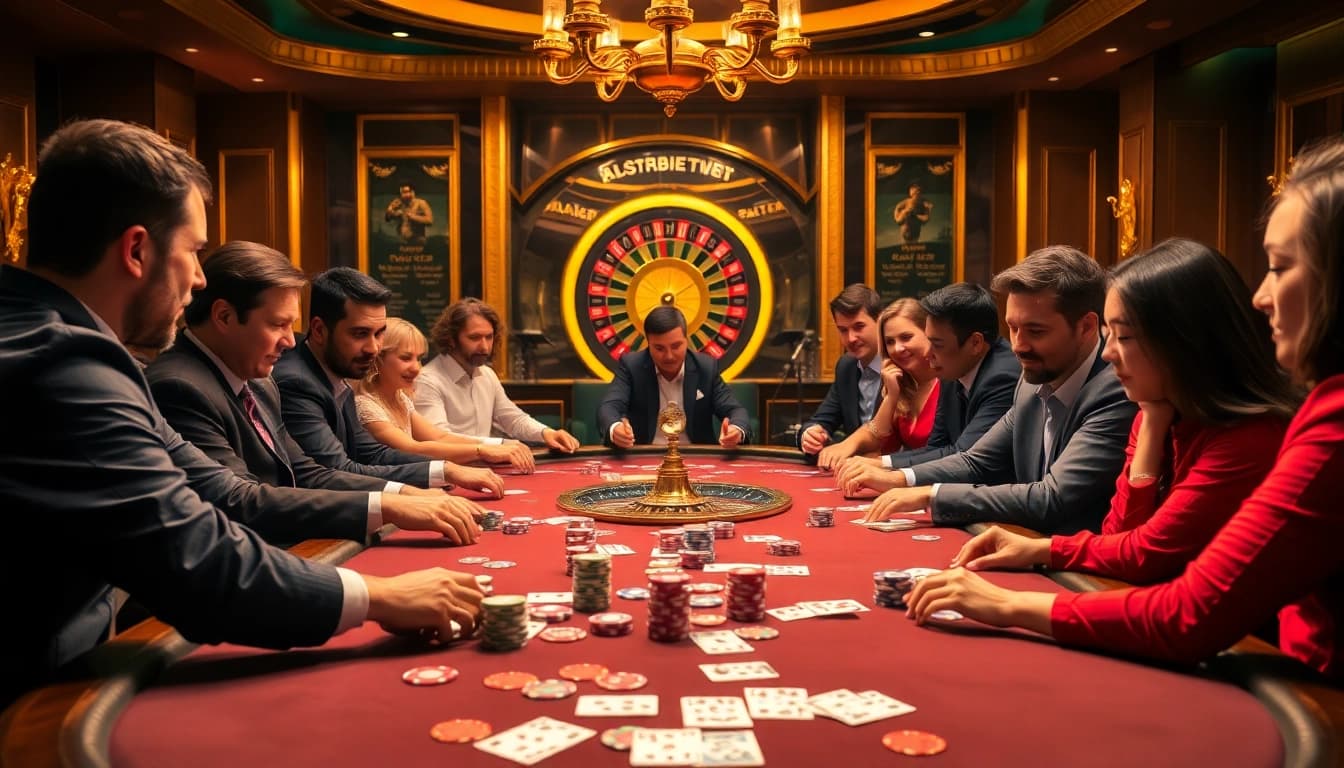 Experience thrilling poker action with players at https://fabet.li/, showcasing colorful chips and an elegant atmosphere.
