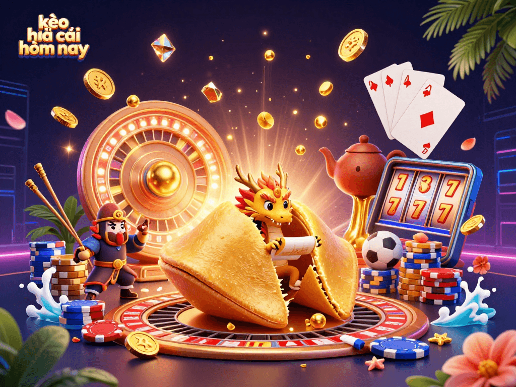 Engage with kèo nhà cái hôm nay showcasing a whimsical scene of a golden fortune cookie and a wise dragon amidst casino elements.