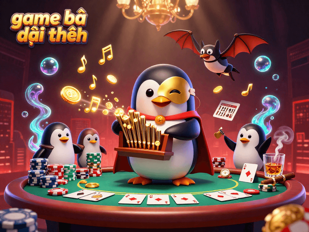 Experience game bài đổi thưởng with a lively scene featuring a phantom opera penguin playing a coin-shooting organ.