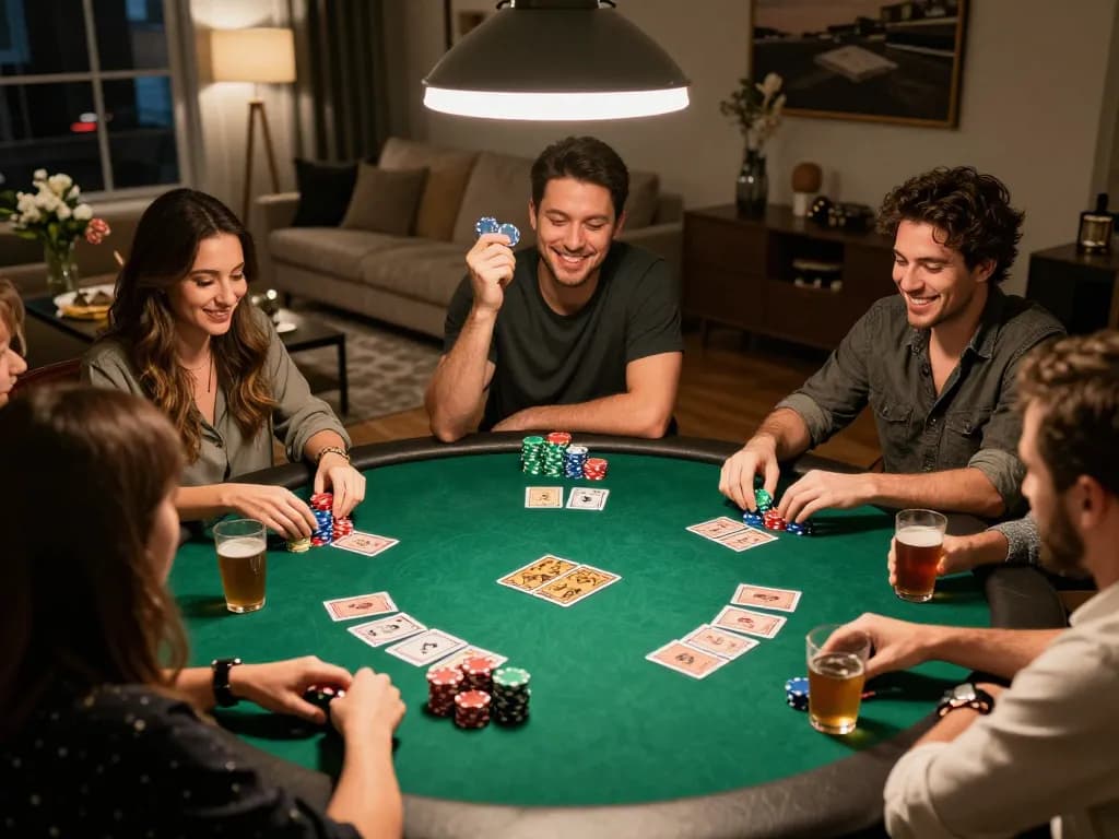 Engaged friends playing poker at a home game night with gem88 chips visible on a vibrant green table