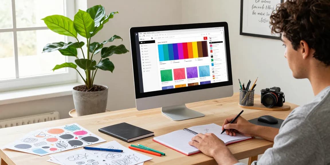 Designing custom printed notebooks in a creative workspace.