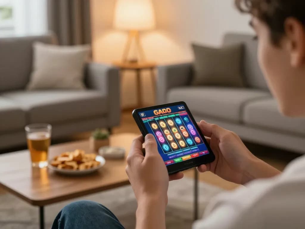 Engaging mobile gaming scene featuring slot gaco gameplay with focused player interaction in a cozy setting.