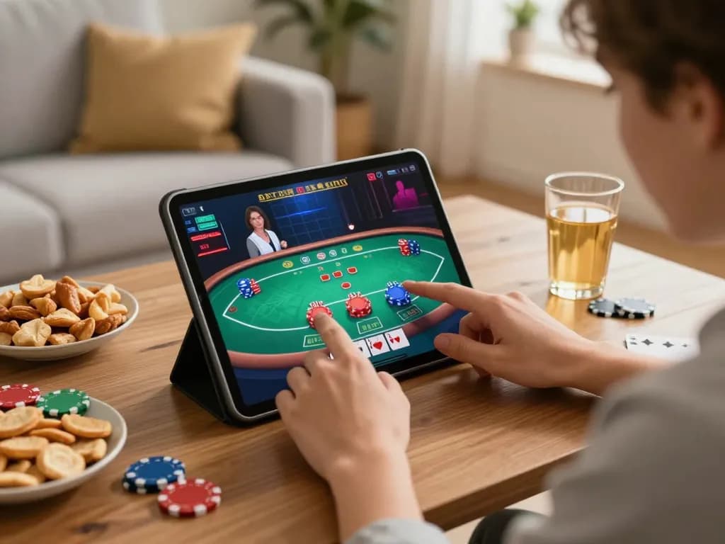Sunwin players engaging in thrilling online poker action on a tablet, showcasing excitement and strategy.