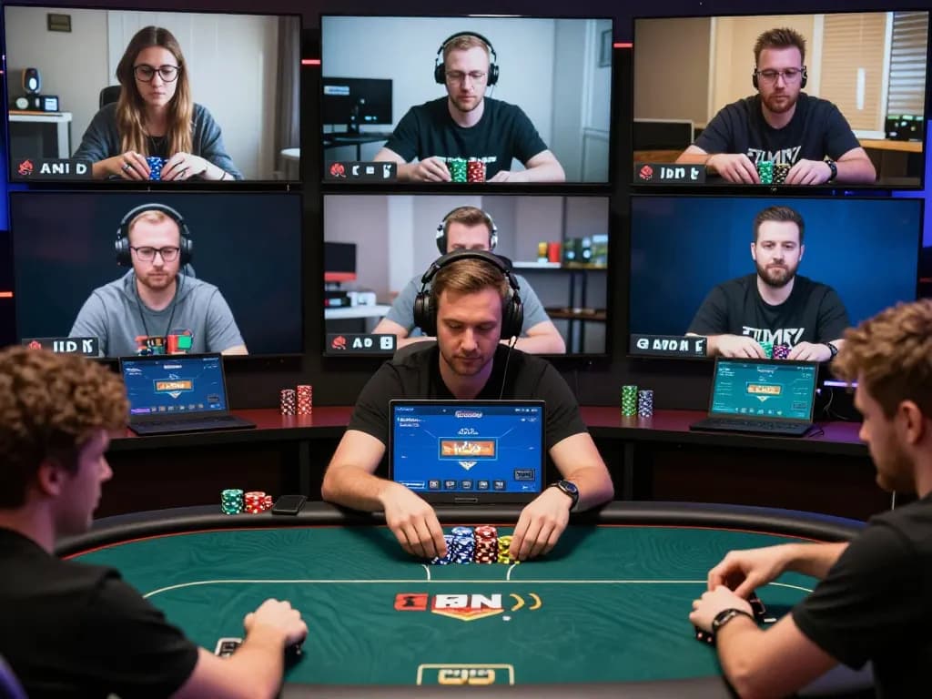 Playing Dominobet IDN Poker in an exciting online tournament with stacked chips and focused players