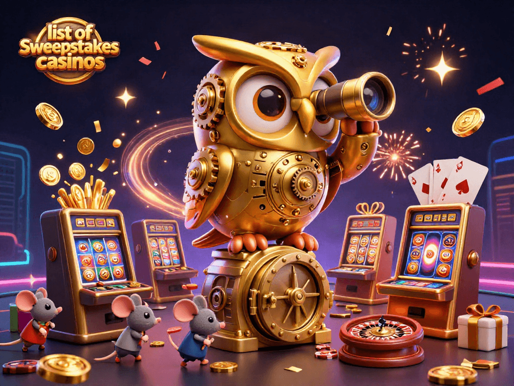 Win big at list of sweepstakes casinos alongside a 3D cartoon owl and vibrant game elements!