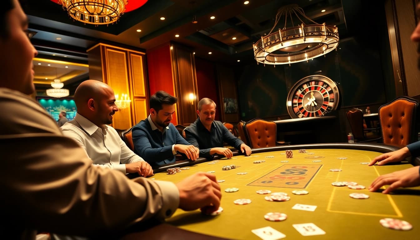 Experience thrilling gameplay at UU88 OKWIN with engaged players at a vibrant poker table.