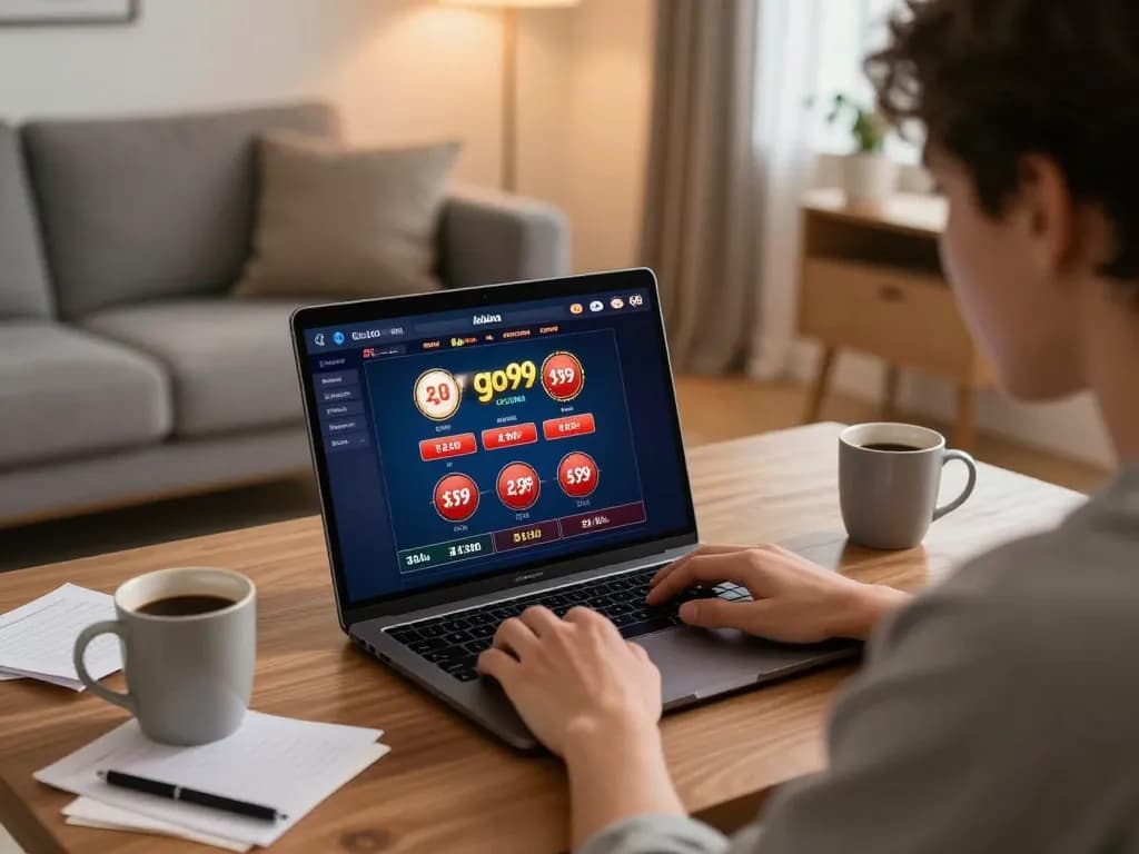 Experience go99 online casino gameplay with a person enjoying a home gaming setup featuring strategic notes and ambiance.