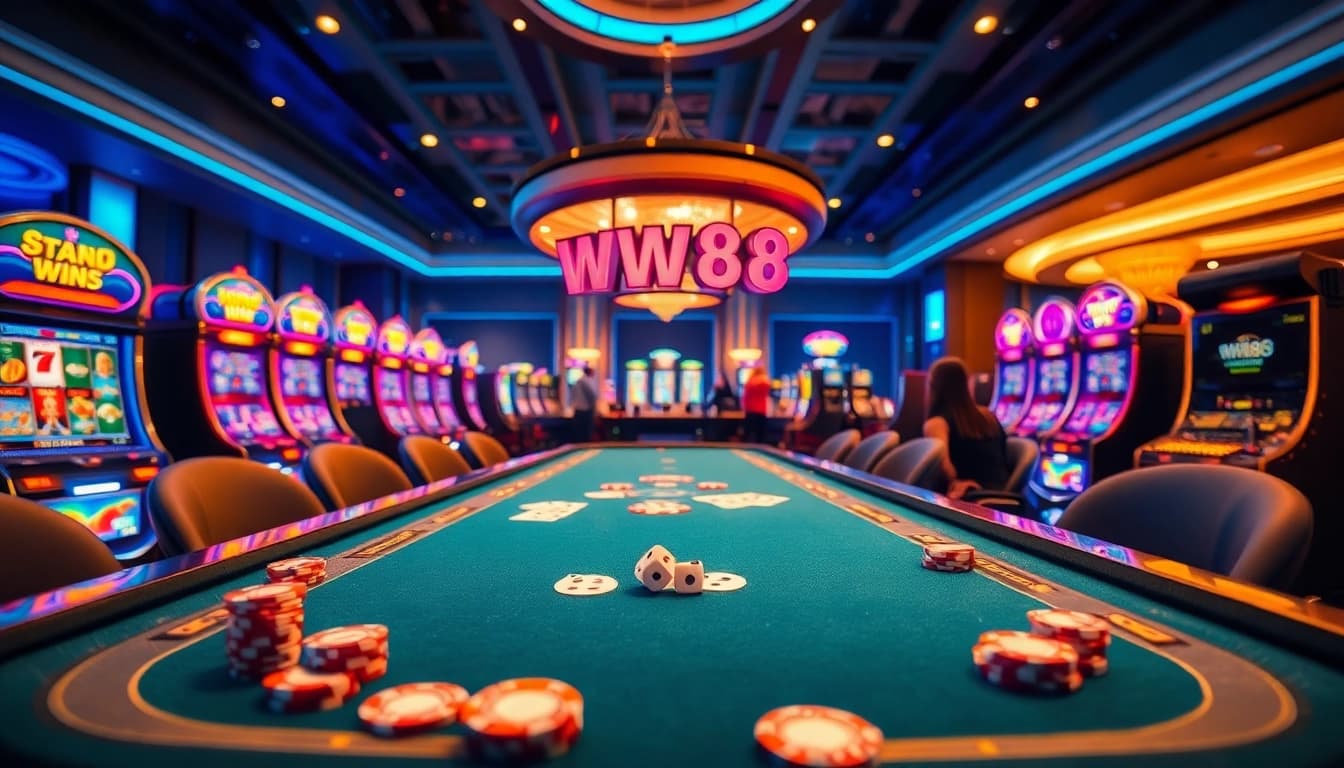 WW88 gaming table providing an exciting casino experience with vibrant slot machines.