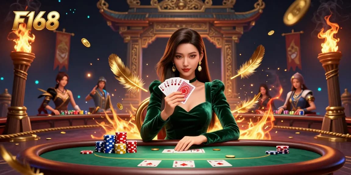 F168 poker scene showcasing a skilled player with a winning hand at a luxury table surrounded by atmospheric effects.