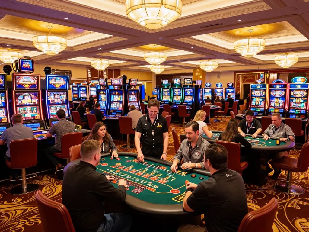 MMOO casino patrons engaging in exciting gameplay at vibrant slot machines and elegant table games