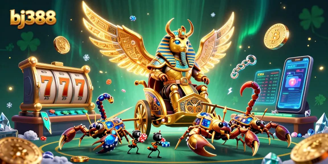 Engage with bj388 in a vibrant, action-packed 3D casino environment showcasing slot reels and golden characters.