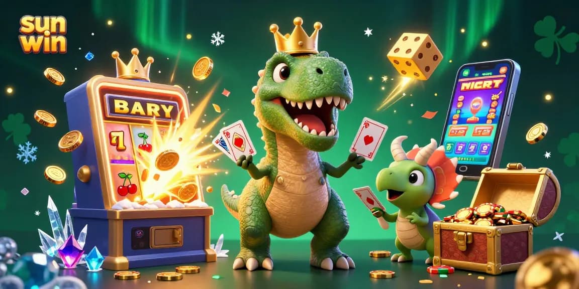 Experience the excitement of sun win with a joyful scene of dinosaurs in a lively casino atmosphere.