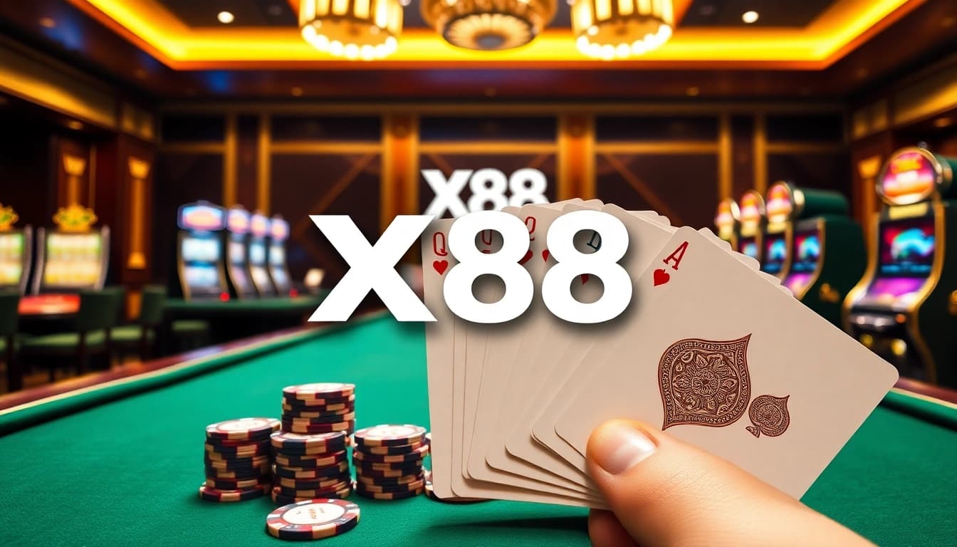 X88 showcases an elegant online casino experience with poker chips, cards, and slot machines.