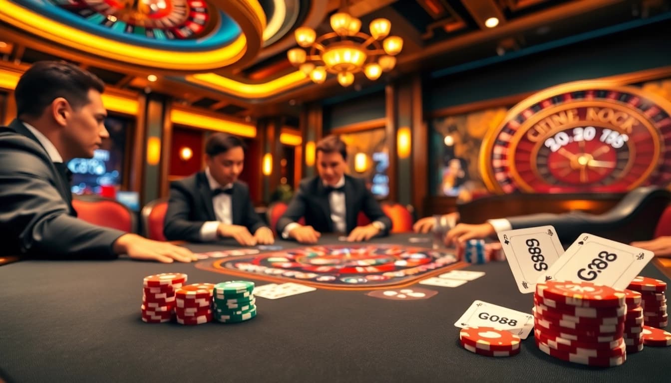 Engage in high-stakes poker with GO88 at an elegant casino setting, featuring vibrant chips and cards.