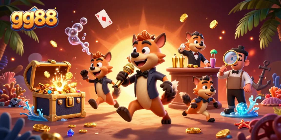 Engage in thrilling casino fun at gg88 with hyenas running a comedy club, surrounded by treasure.