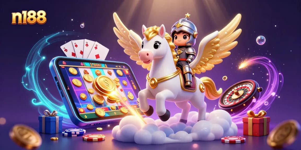 Experience n188's thrilling casino adventure with a celestial horse and knight amidst vibrant games.