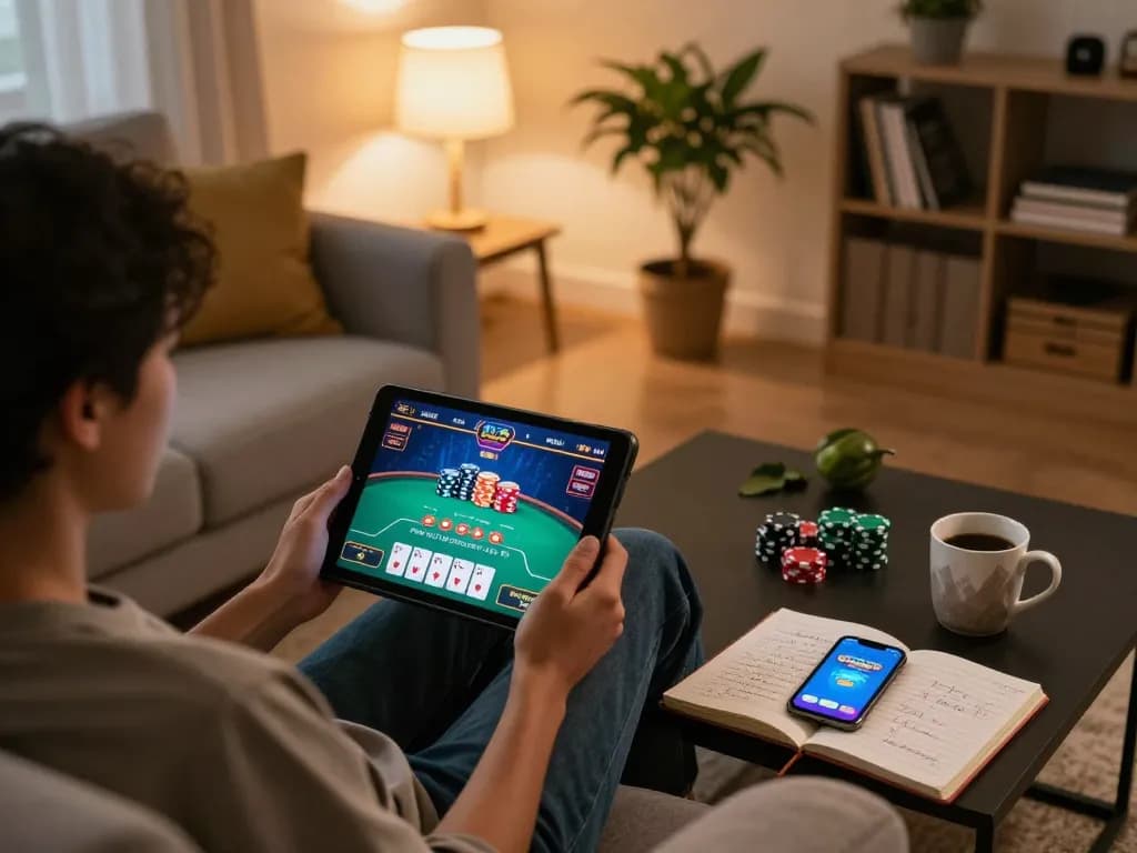 Person enjoying a poker game on the ko66 app at home with betting notes and cozy lighting.