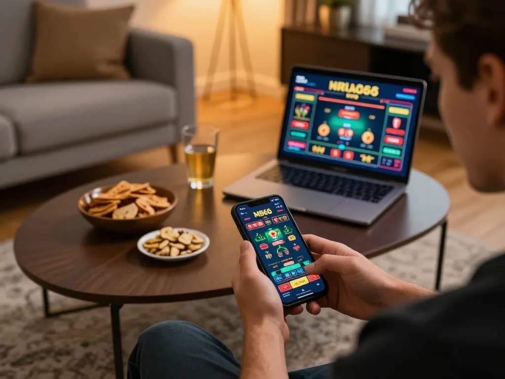 Player engaged with MB66 betting app on smartphone during a cozy home gaming session.
