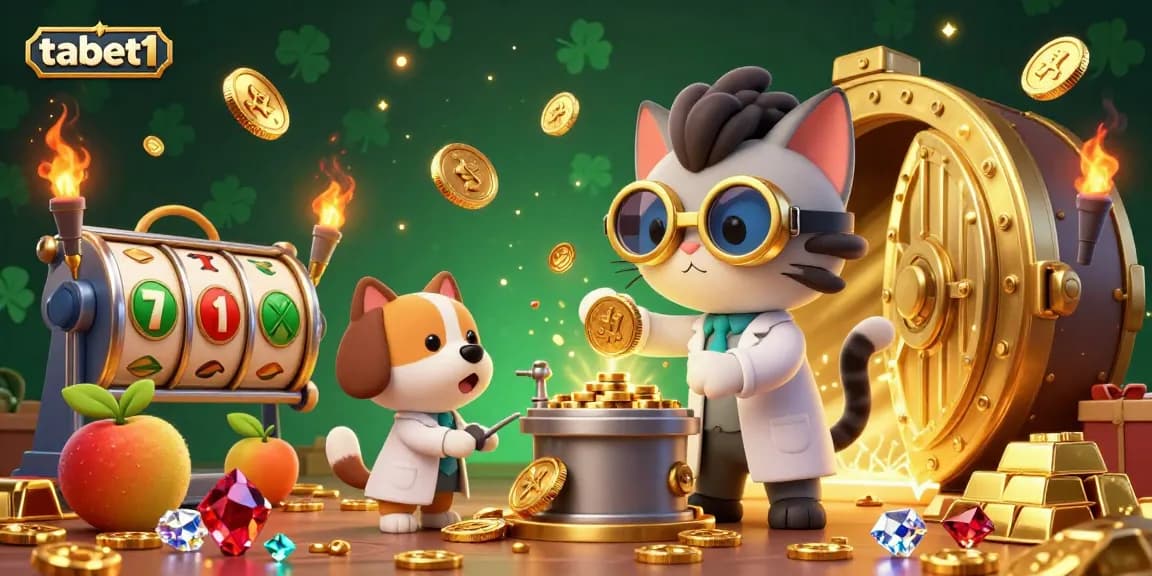 Spin the jackpot with tabet1, featuring vibrant slots and treasures in a dynamic casino scene.