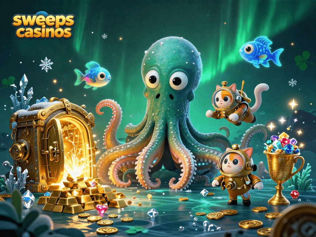 Spin to win at sweeps casinos with a kraken, diving cat, and treasure-rich scene.