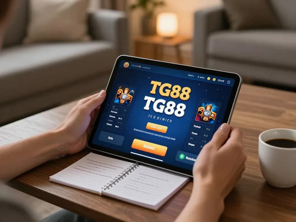 Engaging with TG88 casino app on a tablet in a cozy setting, emphasizing responsible gaming