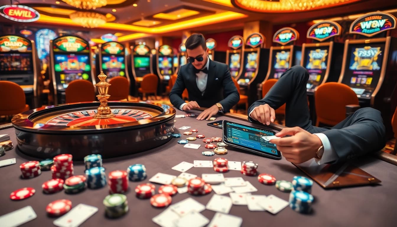 Experience sv666 excitement at a luxurious casino table with vibrant gaming elements and stylish players.
