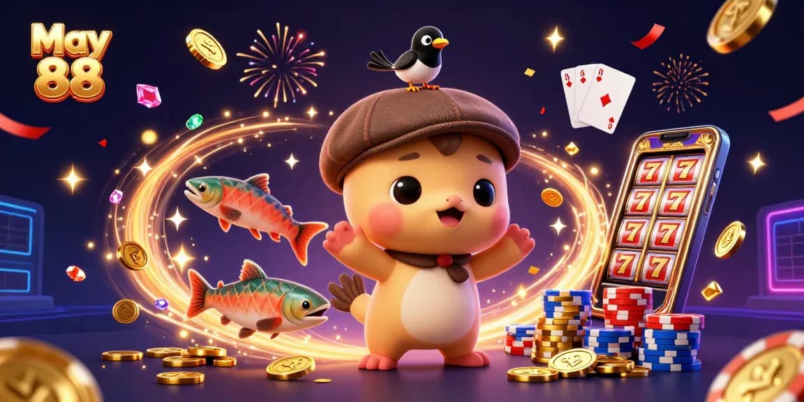 Spin to win at May 88 with a vibrant, festive casino scene showcasing playful characters and dynamic slots.