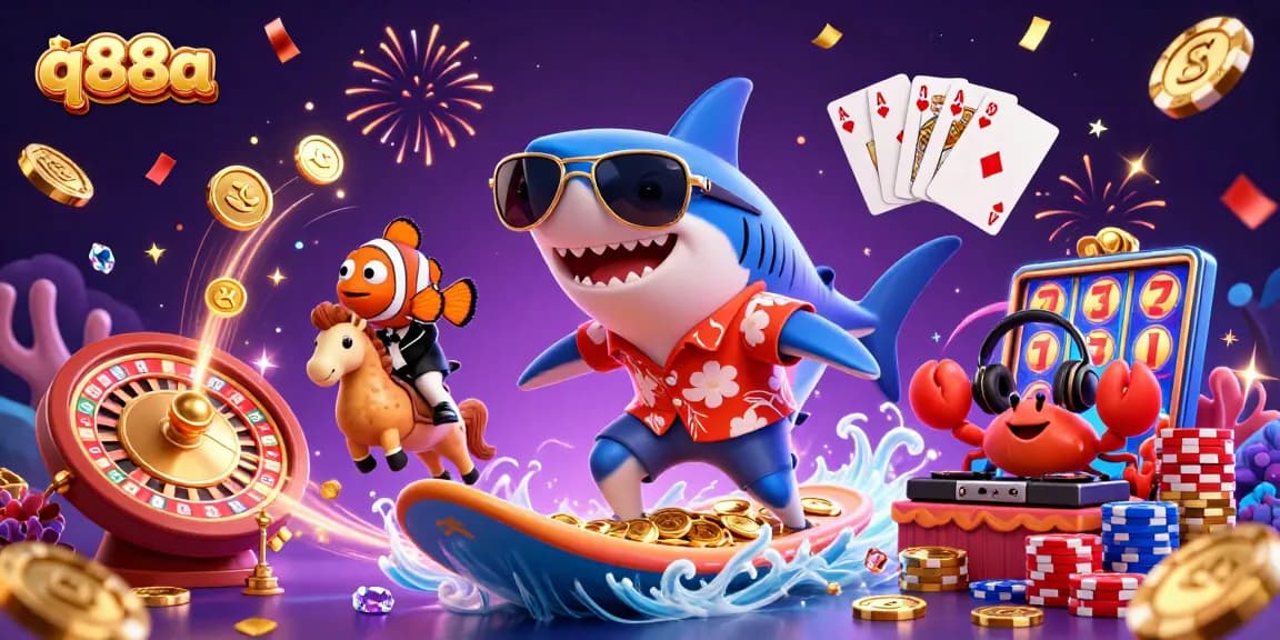 Experience the vibrant q88a gaming action with a lively 3D illustration of casino-themed characters.