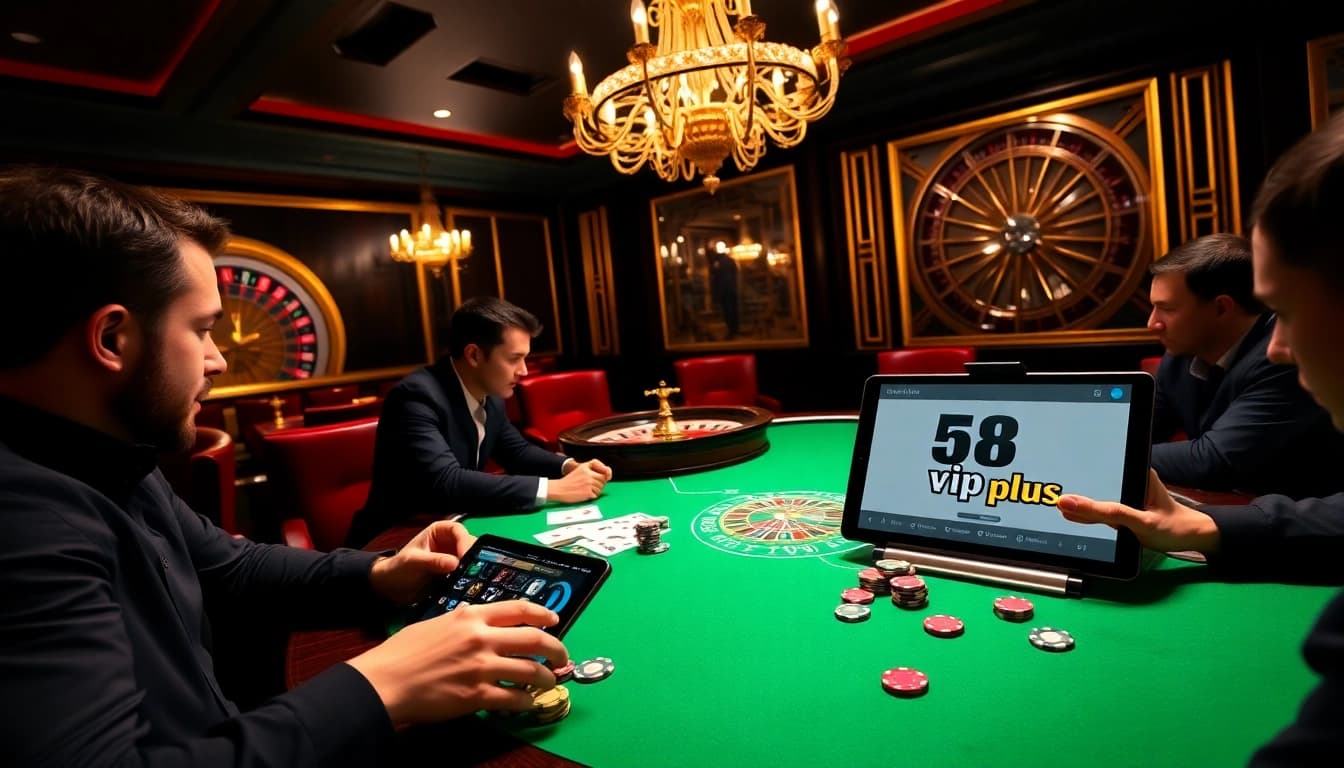 Play poker intensely at https://68vip.plus/ with vibrant chips and cards in a luxurious casino setting.