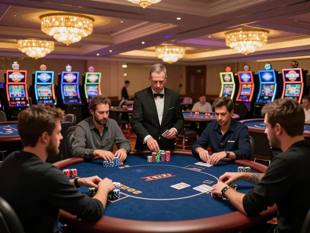 Engaged players enjoying a lively poker game at 9789bet casino with warm lighting and luxurious ambiance.