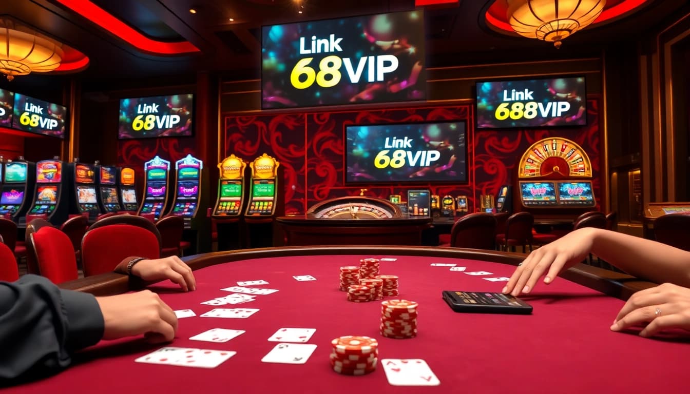 Experience the excitement of 'Link Vào Nhà Cái 68VIP' in a luxurious casino setting with engaging poker gameplay and vibrant slot machines.